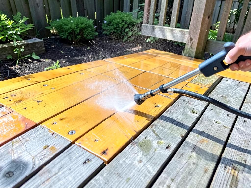 Wooden deck being washed, bright clean boards next to gray weathered boards